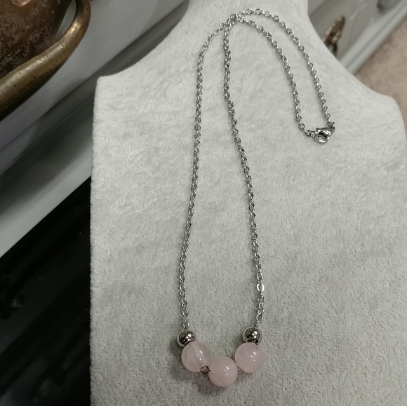 Rose Quartz Three Bead Necklace Natural Gemstone Crystal Stainless-Steel Chain - Picture 7 of 12